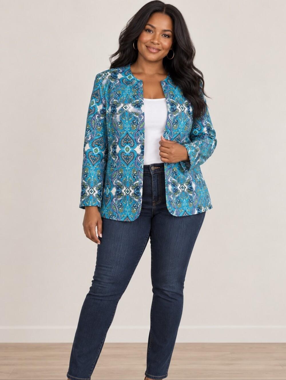 Bedford Fair Blue Paisley Open Front Jacket Blazer Size 22W